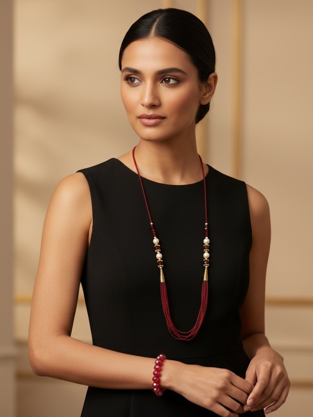 Set of long Red Beaded Necklace with Gold Accents and bracelet